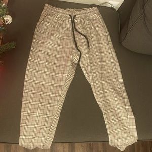Beige Plaid Tapered Pants